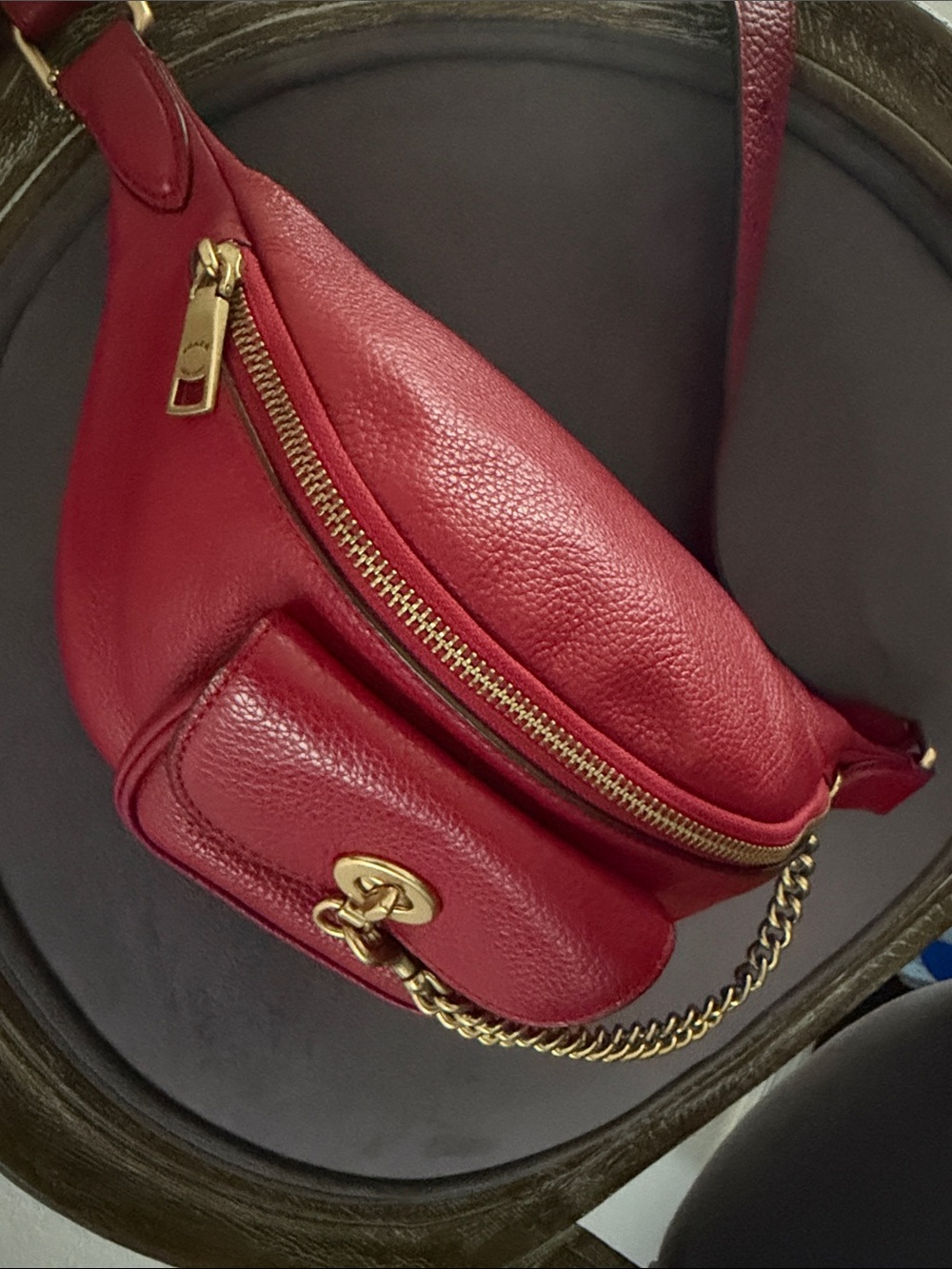 Coach Red Leather Chain-Accent Crossbody Belt Bag collectable